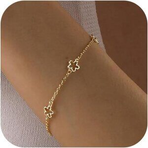 14K Gold Plated Hollow Flowers  Link Chain Ring Bracelet Hand Chain for Women